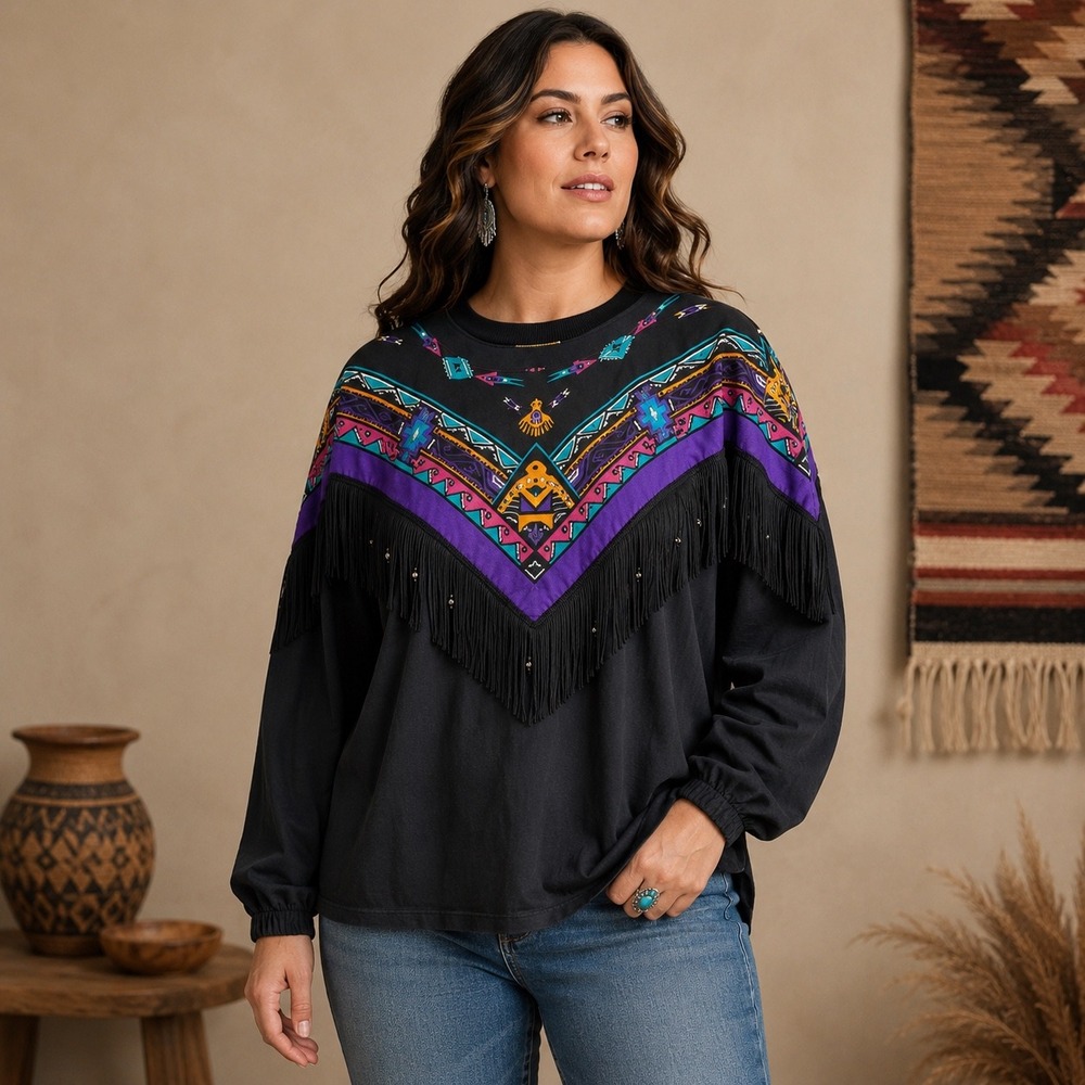 Vtg Hazelwood Southwestern Fringe Shirt Womens Large Bead USA Black Thunderbird